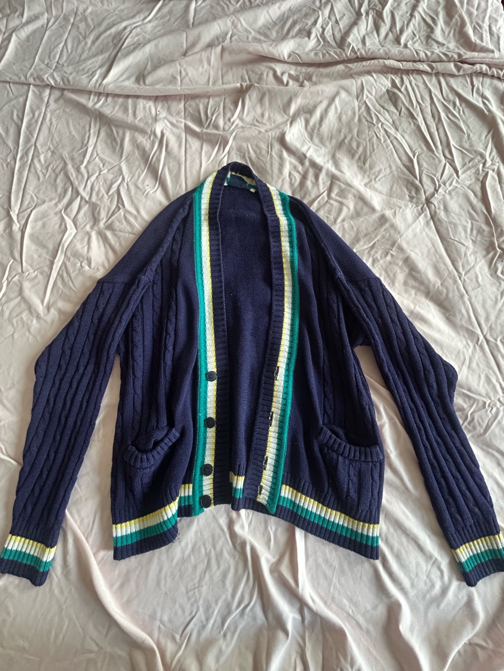 paparazzi Navy Cardigan with Green, Teal & White Stripe Trim
